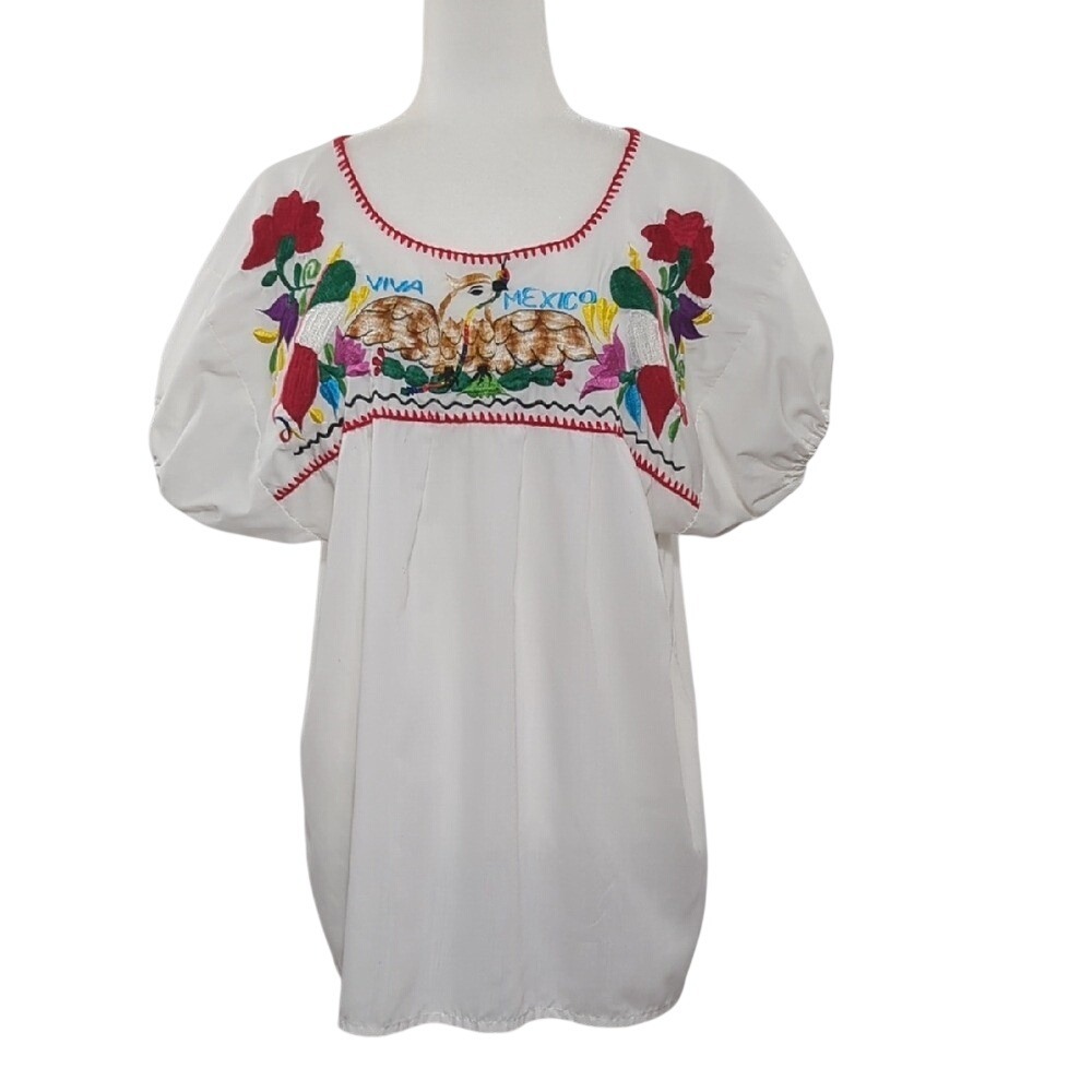 White Embroidered Mexican Peasant Blouse Pueblo Viva Mexico Colorful Boho Large‎